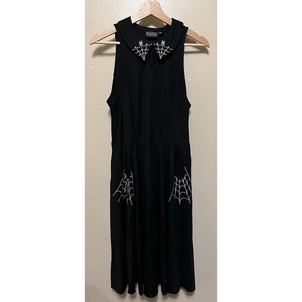 Voodoo Vixen Charlie Spiderweb Swing Dress Black Sleeveless Flare Spooky Sz US 8
